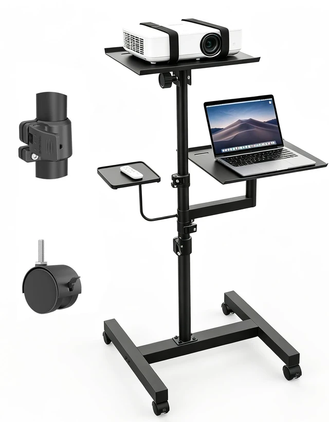 Main image of 2 Shelves Projector Stand, Max 47" Height Adjustable Laptop Stand Mobile Cart on Wheels, Projector Tripod Stand, Rolling Laptop Floor Stand, For Couch Office Home