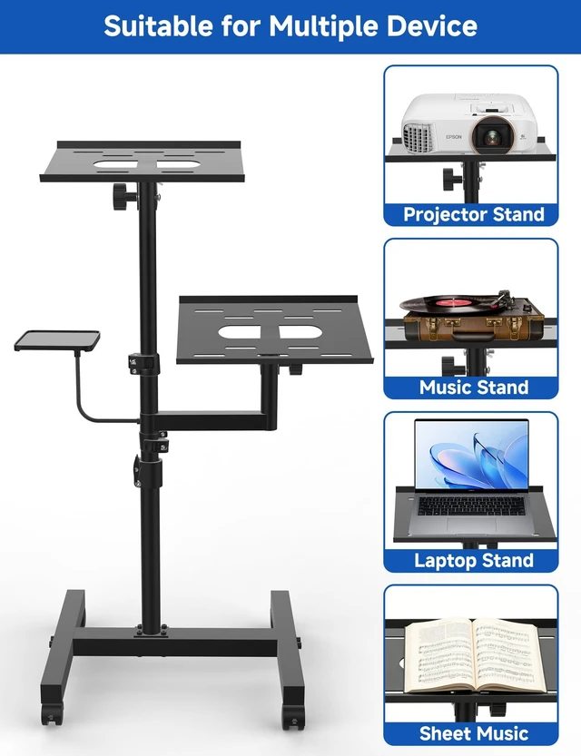 Alt view image 2 of 7 - 2 Shelves Projector Stand, Max 47" Height Adjustable Laptop Stand Mobile Cart on Wheels, Projector Tripod Stand, Rolling Laptop Floor Stand, For Couch Office Home