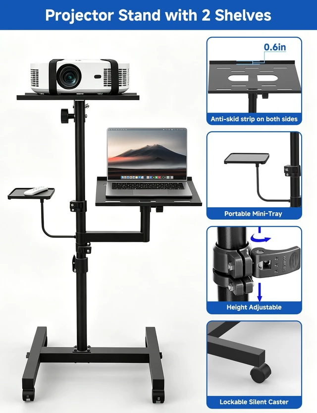 Alt view image 3 of 7 - 2 Shelves Projector Stand, Max 47" Height Adjustable Laptop Stand Mobile Cart on Wheels, Projector Tripod Stand, Rolling Laptop Floor Stand, For Couch Office Home