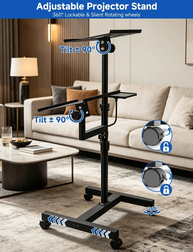 Alt view image 5 of 7 - 2 Shelves Projector Stand, Max 47" Height Adjustable Laptop Stand Mobile Cart on Wheels, Projector Tripod Stand, Rolling Laptop Floor Stand, For Couch Office Home