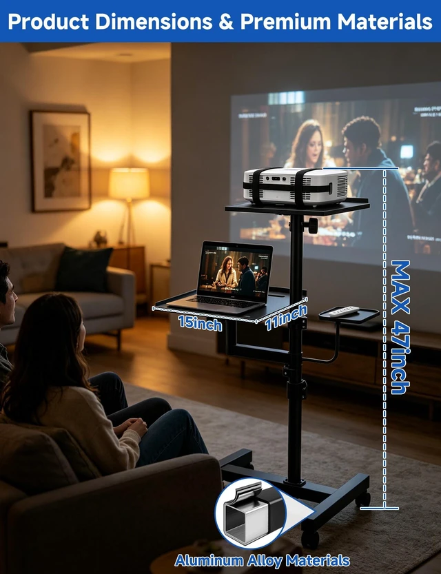 Alt view image 6 of 7 - 2 Shelves Projector Stand, Max 47" Height Adjustable Laptop Stand Mobile Cart on Wheels, Projector Tripod Stand, Rolling Laptop Floor Stand, For Couch Office Home
