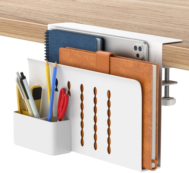 Main image of Desk Side Storage, Single-Layer Steel Hanging Desk Organizer with Magnetic Pen Holder, No Drilling Desk Drawer Cable Management Tray, Under Desk Laptop Holder for Office, School&Home(White)