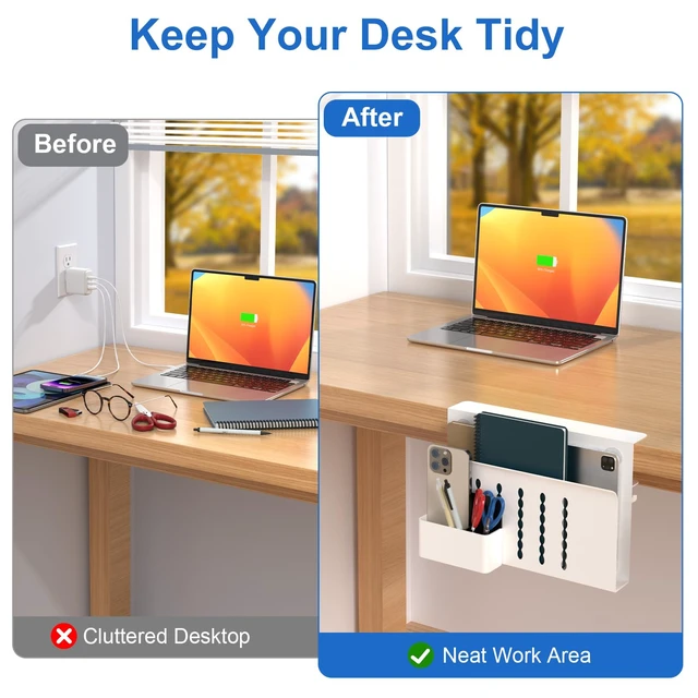 Alt view image 4 of 7 - Desk Side Storage, Single-Layer Steel Hanging Desk Organizer with Magnetic Pen Holder, No Drilling Desk Drawer Cable Management Tray, Under Desk Laptop Holder for Office, School&Home(White)