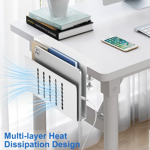 Alt view image 5 of 7 - Desk Side Storage, Single-Layer Steel Hanging Desk Organizer with Magnetic Pen Holder, No Drilling Desk Drawer Cable Management Tray, Under Desk Laptop Holder for Office, School&Home(White)