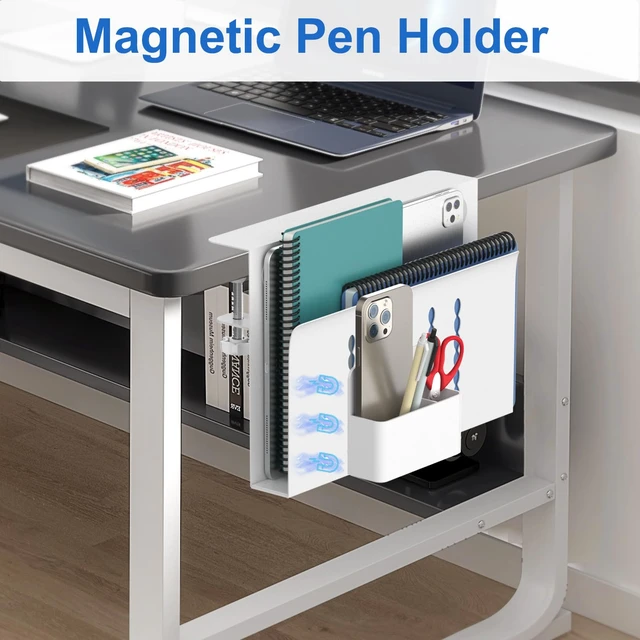 Alt view image 7 of 7 - Desk Side Storage, Single-Layer Steel Hanging Desk Organizer with Magnetic Pen Holder, No Drilling Desk Drawer Cable Management Tray, Under Desk Laptop Holder for Office, School&Home(White)