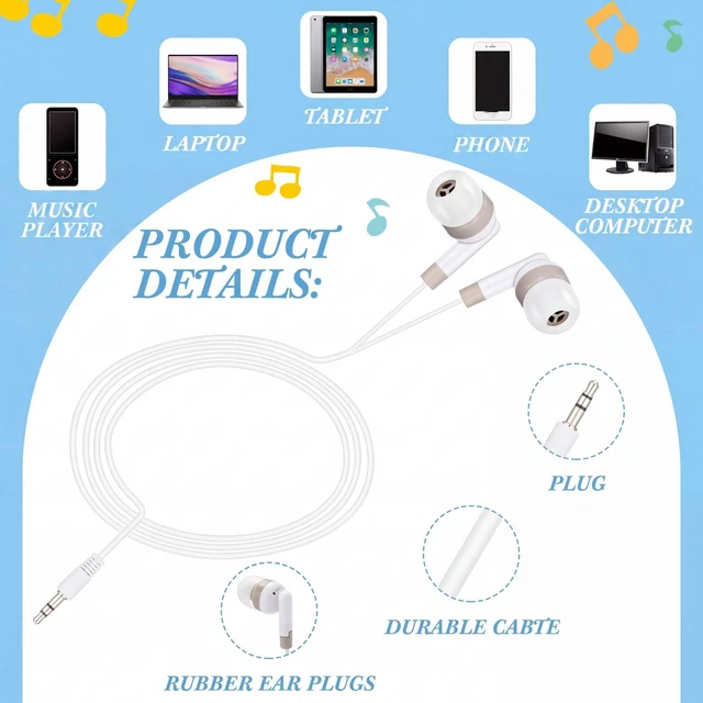 Alt view image 3 of 7 - 300 Packs Wired Earbuds Bulk, Black,White,Grey Colorful Headphones, in Ear Ear Buds, Earphones with 3.5mm Jack, for Laptop Library Supplies, No Microphone