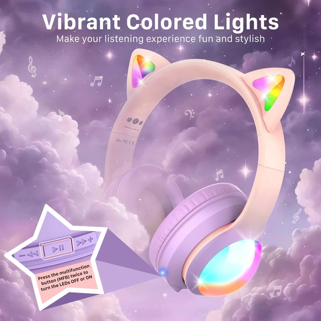 Alt view image 2 of 6 - Kids Bluetooth 5.2 Headphones with LED Cat Ears (85/94dB Safe Volume Limit) Foldable Wireless or Wired Headset with 100hr Play Time and 3.5mm Cable for School/Travel - Light Pink/Light Purple