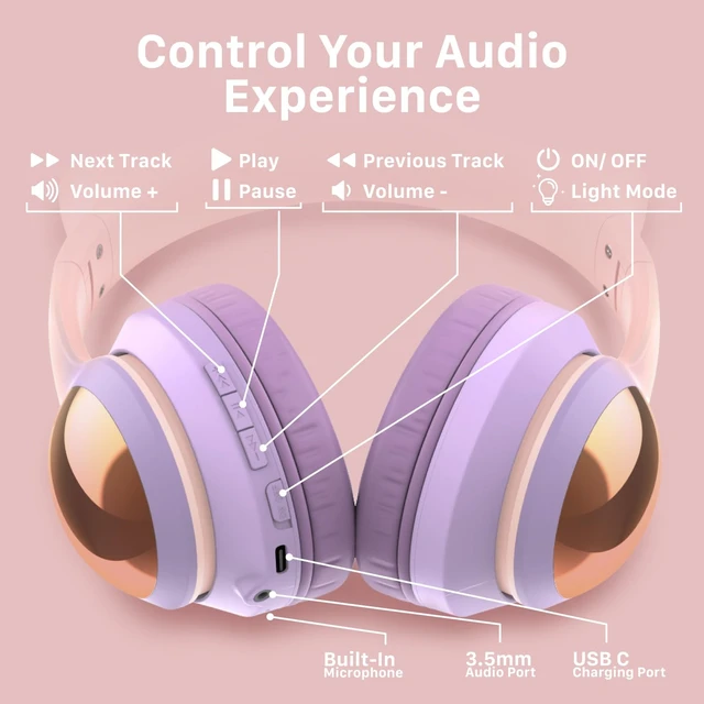 Alt view image 3 of 6 - Kids Bluetooth 5.2 Headphones with LED Cat Ears (85/94dB Safe Volume Limit) Foldable Wireless or Wired Headset with 100hr Play Time and 3.5mm Cable for School/Travel - Light Pink/Light Purple