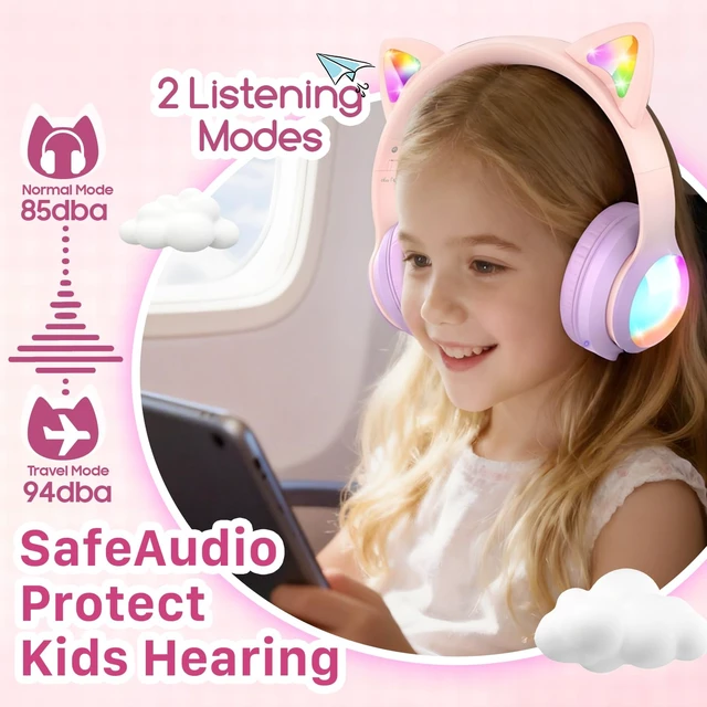 Alt view image 4 of 6 - Kids Bluetooth 5.2 Headphones with LED Cat Ears (85/94dB Safe Volume Limit) Foldable Wireless or Wired Headset with 100hr Play Time and 3.5mm Cable for School/Travel - Light Pink/Light Purple