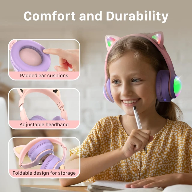 Alt view image 5 of 6 - Kids Bluetooth 5.2 Headphones with LED Cat Ears (85/94dB Safe Volume Limit) Foldable Wireless or Wired Headset with 100hr Play Time and 3.5mm Cable for School/Travel - Light Pink/Light Purple