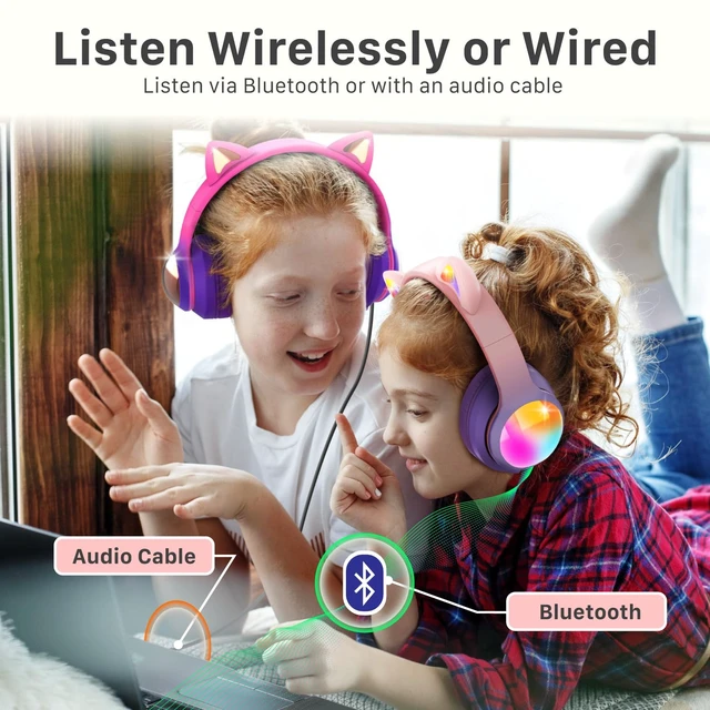 Alt view image 6 of 6 - Kids Bluetooth 5.2 Headphones with LED Cat Ears (85/94dB Safe Volume Limit) Foldable Wireless or Wired Headset with 100hr Play Time and 3.5mm Cable for School/Travel - Light Pink/Light Purple