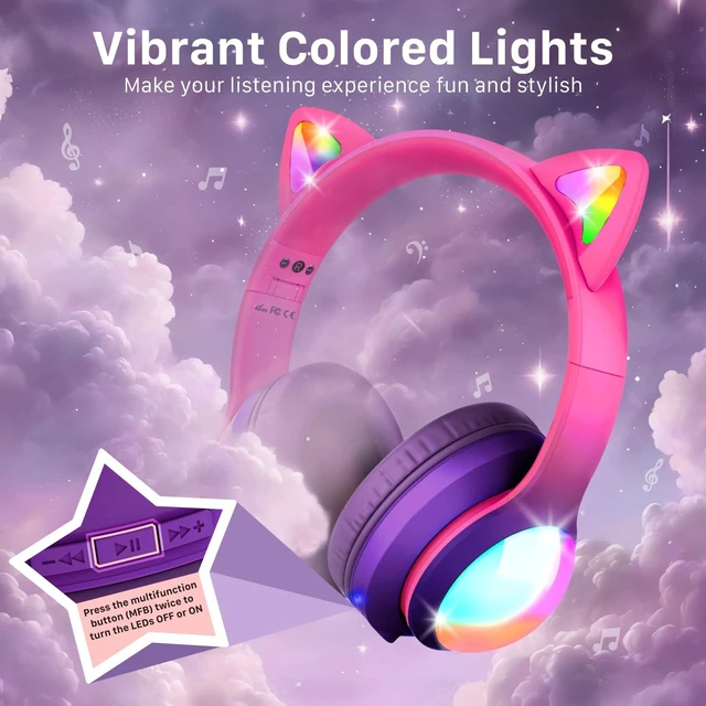 Alt view image 2 of 6 - Kids Bluetooth 5.2 Headphones with LED Cat Ears (85/94dB Safe Volume Limit) Foldable Wireless or Wired Headset with 100hr Play Time and 3.5mm Cable for School/Travel - Hot Pink/Purple