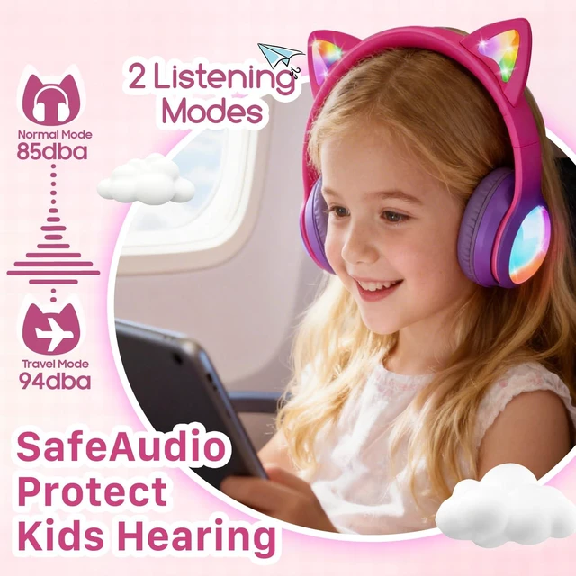 Alt view image 4 of 6 - Kids Bluetooth 5.2 Headphones with LED Cat Ears (85/94dB Safe Volume Limit) Foldable Wireless or Wired Headset with 100hr Play Time and 3.5mm Cable for School/Travel - Hot Pink/Purple