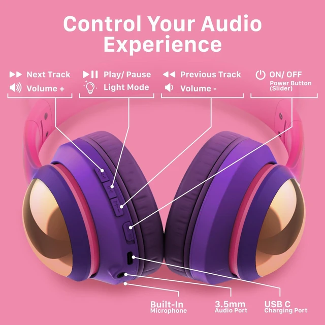 Alt view image 3 of 6 - Kids Bluetooth 5.2 Headphones with LED Cat Ears (85/94dB Safe Volume Limit) Foldable Wireless or Wired Headset with 100hr Play Time and 3.5mm Cable for School/Travel - Hot Pink/Purple