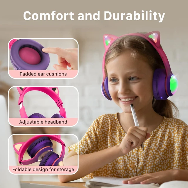 Alt view image 5 of 6 - Kids Bluetooth 5.2 Headphones with LED Cat Ears (85/94dB Safe Volume Limit) Foldable Wireless or Wired Headset with 100hr Play Time and 3.5mm Cable for School/Travel - Hot Pink/Purple