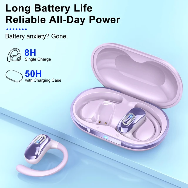 Alt view image 2 of 7 - Open Ear Headphones for Sports & Work, 50H Battery, Dark Purple Air conduction, HD stereo bass, over-ear earhooks for secure snug fit, built-in mic, compatible with all phones