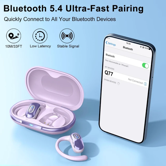 Alt view image 3 of 7 - Open Ear Headphones for Sports & Work, 50H Battery, Dark Purple Air conduction, HD stereo bass, over-ear earhooks for secure snug fit, built-in mic, compatible with all phones