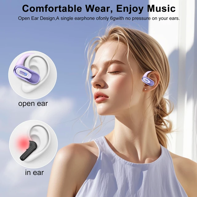 Alt view image 6 of 7 - Open Ear Headphones for Sports & Work, 50H Battery, Dark Purple Air conduction, HD stereo bass, over-ear earhooks for secure snug fit, built-in mic, compatible with all phones
