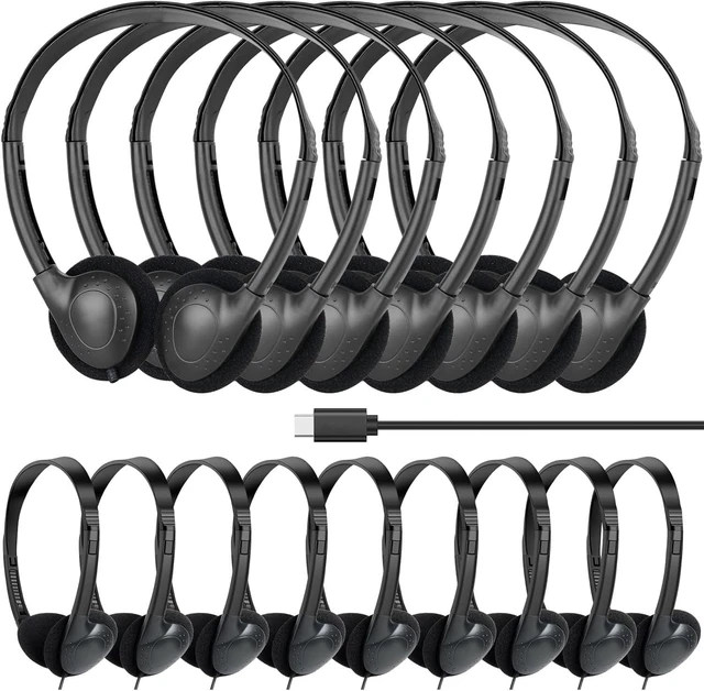 Main image of Kids USB C Headphones Bulk 50 Pack for Classroom School Wired On Ear Type C Headphones for Students Boys Girls Teens Library Museum Travel Laptop Pad PC Phone Black