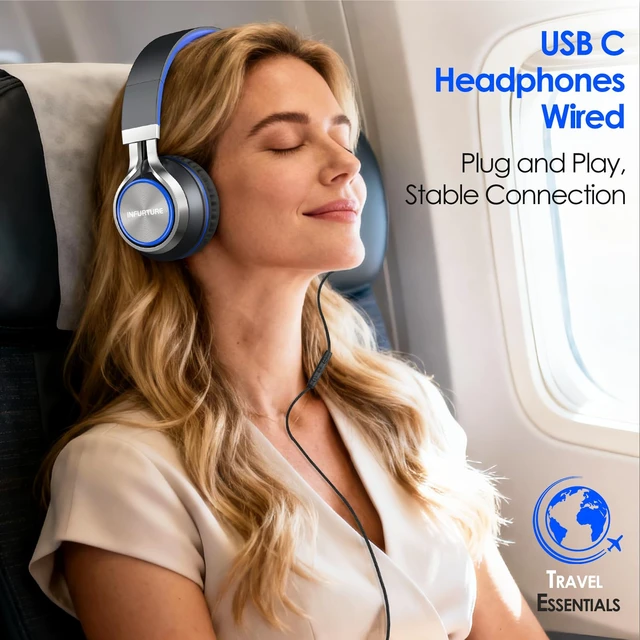Alt view image 5 of 7 - USB C Headphone for Kids & Adults Over-Ear Headphone with HD Mic Adjustable Type C Headphones for School, Comfort Ear Cups, Hi-Fi Stereo, Cord for iPhone, iPad, Tablet, Laptop, Travel
