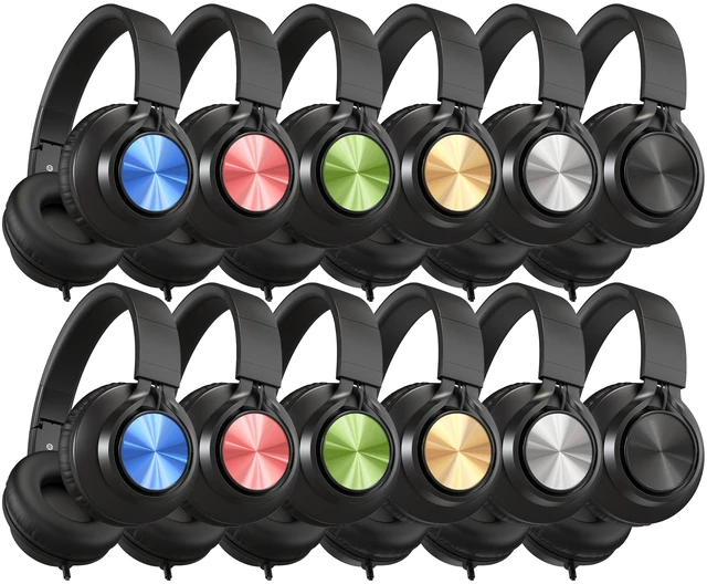 Main image of Classroom Headphones Bulk 12-Pack for K-12 School Library Museum HD Microphone, Foldable, Adjustable Over-Ear Headphones with 3.5mm Jack for Chromebook, Laptop & Tablet-Mixed Color