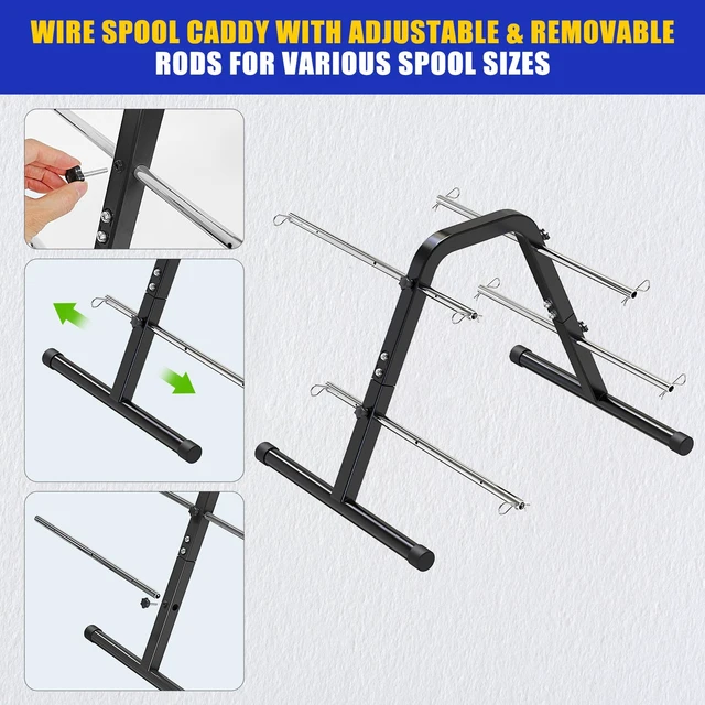 Alt view image 5 of 7 - Portable Wire Spool Caddy, Heavy-Duty Cable Dispenser with 4 Rods Black Electrical Wire Caddy, Steel Structure Wire Spool Rack with Adjustable Rods for Effortless Spool Storage & Dispensing