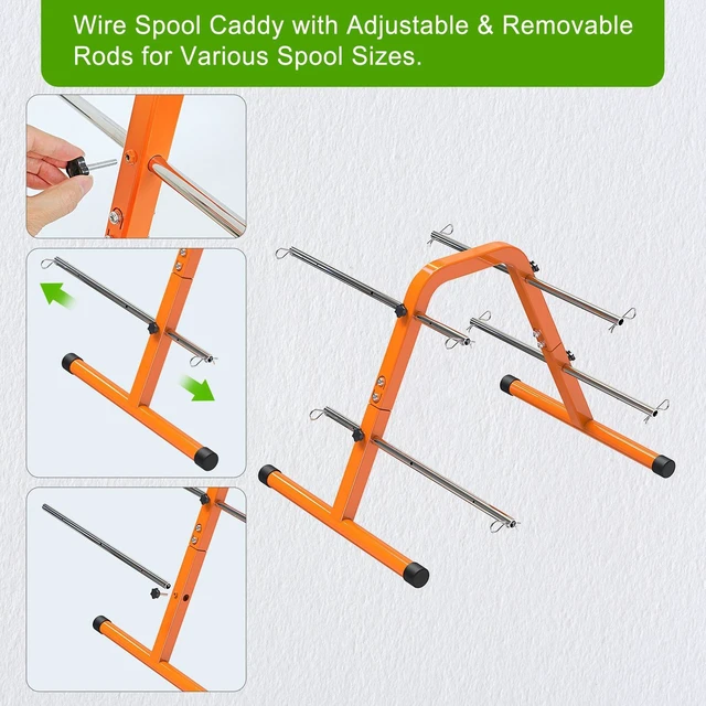 Alt view image 4 of 7 - Portable Wire Spool Caddy, Cable Dispenser with 4 Adjustable Rods Orange Electrical Wire Caddy, Heavy-Duty Steel Wire Spool Rack for Effortless Spool Storage & Dispensing