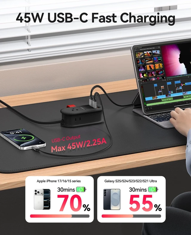 Alt view image 4 of 7 - 45W Power Strip for iPhone 17 and Galaxy S25,7 in 1 Charging Station 3AC, 2 USB-A, 2 USB-C, 4ft Thin Extension Cord, Flat Plug Fashion Essential for Cruise Ship/Travel/Home/Dorm - TK45