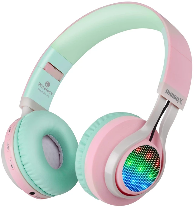 Alt view image 2 of 7 - WT-7S Bluetooth Headphones Light Up, Foldable Stero Wireless Headset with Microphone and Volume Control for PC/Tablet/TV/Travel (Pink Green)