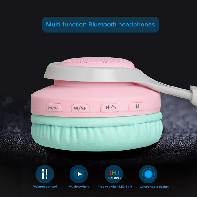 Alt view image 6 of 7 - WT-7S Bluetooth Headphones Light Up, Foldable Stero Wireless Headset with Microphone and Volume Control for PC/Tablet/TV/Travel (Pink Green)