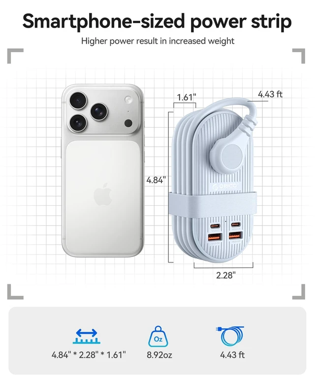 Alt view image 5 of 7 - 45W Power Strip for iPhone 17 and Galaxy S25,7 in 1 Charging Station 3AC, 2 USB-A, 2 USB-C, 4ft Thin Extension Cord, Flat Plug Fashion Essential for Cruise Ship/Travel/Home/Dorm - TK45