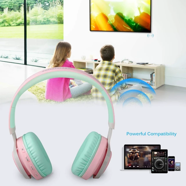 Alt view image 7 of 7 - WT-7S Bluetooth Headphones Light Up, Foldable Stero Wireless Headset with Microphone and Volume Control for PC/Tablet/TV/Travel (Pink Green)