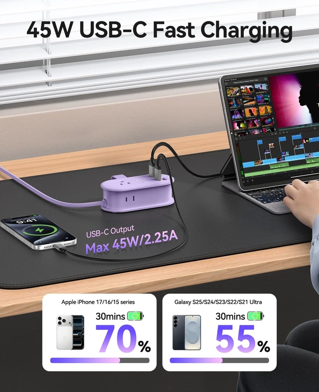Alt view image 4 of 7 - 45W Power Strip for iPhone 17 and Galaxy S25,7 in 1 Charging Station 3AC, 2 USB-A, 2 USB-C, 4ft Thin Extension Cord, Flat Plug Fashion Essential for Cruise Ship/Travel/Home/Dorm - TK45
