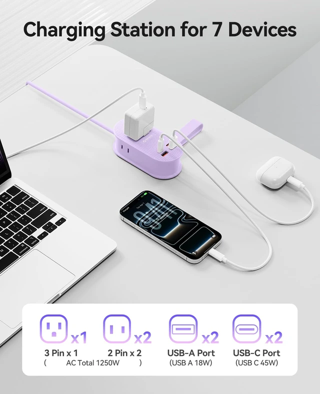 Alt view image 3 of 7 - 45W Power Strip for iPhone 17 and Galaxy S25,7 in 1 Charging Station 3AC, 2 USB-A, 2 USB-C, 4ft Thin Extension Cord, Flat Plug Fashion Essential for Cruise Ship/Travel/Home/Dorm - TK45