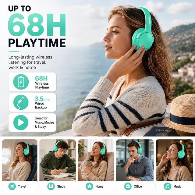 Alt view image 2 of 7 - Bluetooth Headphones Over Ear Wireless Headsets 68H,Stereo Bass,6EQ,Cyan With Built-in Mic,Adjustable Headband Foldable Portable Lightweight for Office/Travel/Tablet//Laptop/,Wired by Aux 3.5mm