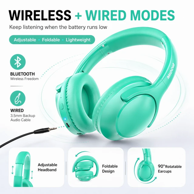 Alt view image 3 of 7 - Bluetooth Headphones Over Ear Wireless Headsets 68H,Stereo Bass,6EQ,Cyan With Built-in Mic,Adjustable Headband Foldable Portable Lightweight for Office/Travel/Tablet//Laptop/,Wired by Aux 3.5mm