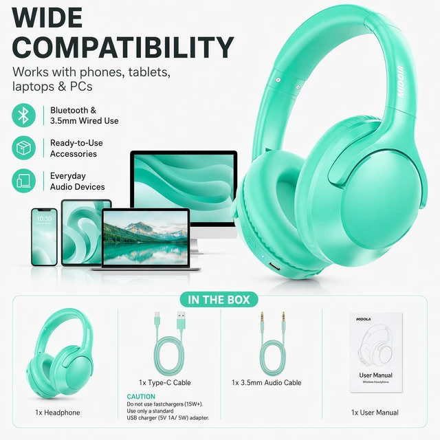 Alt view image 5 of 7 - Bluetooth Headphones Over Ear Wireless Headsets 68H,Stereo Bass,6EQ,Cyan With Built-in Mic,Adjustable Headband Foldable Portable Lightweight for Office/Travel/Tablet//Laptop/,Wired by Aux 3.5mm