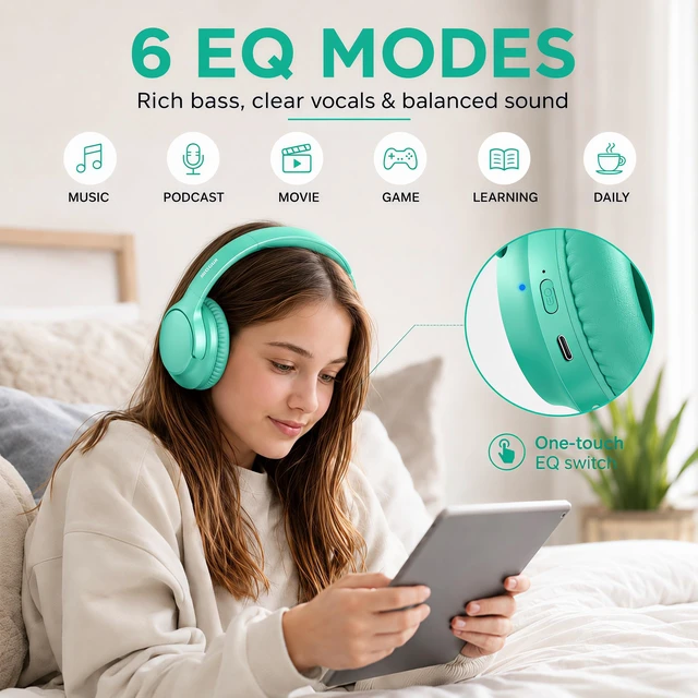 Alt view image 4 of 7 - Bluetooth Headphones Over Ear Wireless Headsets 68H,Stereo Bass,6EQ,Cyan With Built-in Mic,Adjustable Headband Foldable Portable Lightweight for Office/Travel/Tablet//Laptop/,Wired by Aux 3.5mm