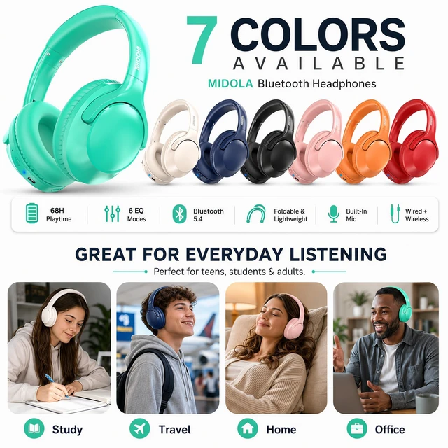 Alt view image 6 of 7 - Bluetooth Headphones Over Ear Wireless Headsets 68H,Stereo Bass,6EQ,Cyan With Built-in Mic,Adjustable Headband Foldable Portable Lightweight for Office/Travel/Tablet//Laptop/,Wired by Aux 3.5mm