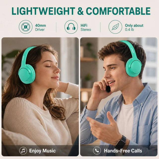 Alt view image 7 of 7 - Bluetooth Headphones Over Ear Wireless Headsets 68H,Stereo Bass,6EQ,Cyan With Built-in Mic,Adjustable Headband Foldable Portable Lightweight for Office/Travel/Tablet//Laptop/,Wired by Aux 3.5mm