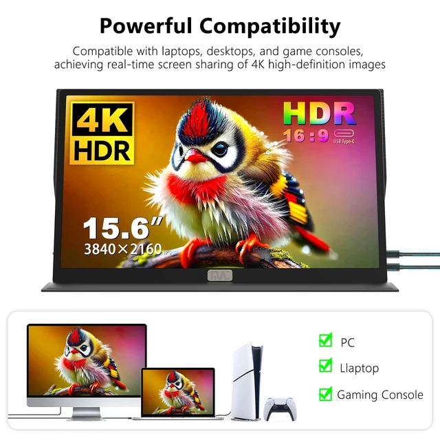 Alt view image 4 of 7 - 4K Portable Monitor,15.6-inch Portable Touch Monitor, HDR Support 100% sRGB Lightweight Metal Portable Travel Monitor Compatible with Laptops/PCs/Macs/PS5/PS4/Switch