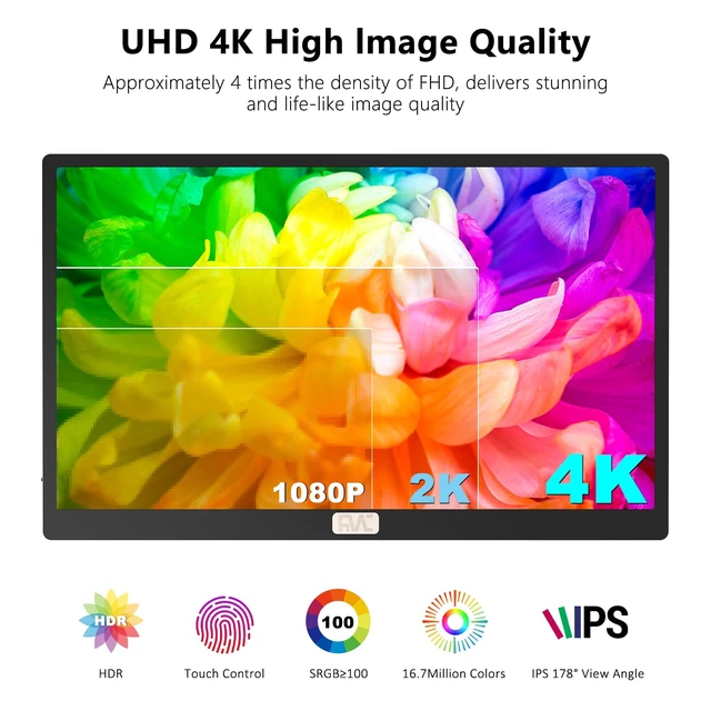Alt view image 5 of 7 - 4K Portable Monitor,15.6-inch Portable Touch Monitor, HDR Support 100% sRGB Lightweight Metal Portable Travel Monitor Compatible with Laptops/PCs/Macs/PS5/PS4/Switch