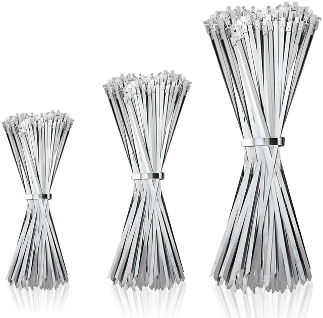 Main image of Metal Zip Ties of 300 Pcs, 6+8+11.8 inch 304 Stainless Steel, Heavy Duty, Industrial-Grade, Silver, for Pipe, Auto Repair, Exhaust Wrap, Heat Resistant Fencing Ties