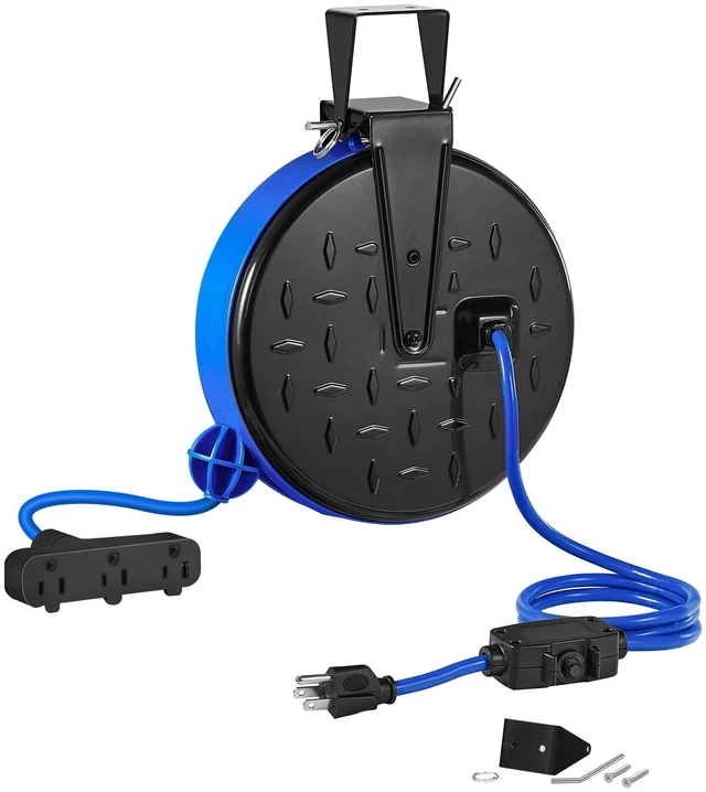 Main image of 30 Ft Retractable Extension Cord Reel, 16/3 Gauge SJTW Power Cord with 3 Electrical Outlets Pigtail for Garage and Shop, 10 Amp Circuit Breaker, Metal Plate, UL Listed, Blue U30CR06