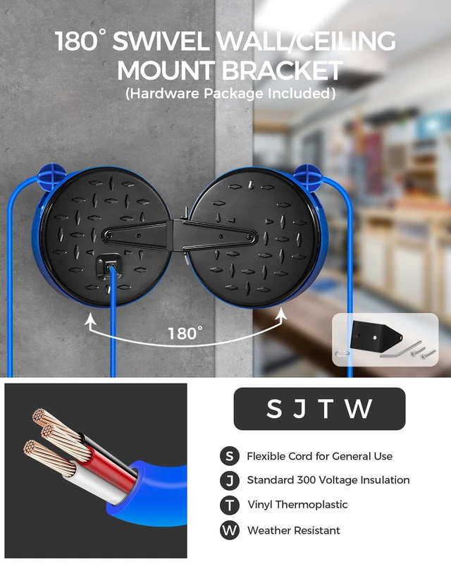 Alt view image 3 of 7 - 30 Ft Retractable Extension Cord Reel, 16/3 Gauge SJTW Power Cord with 3 Electrical Outlets Pigtail for Garage and Shop, 10 Amp Circuit Breaker, Metal Plate, UL Listed, Blue U30CR06