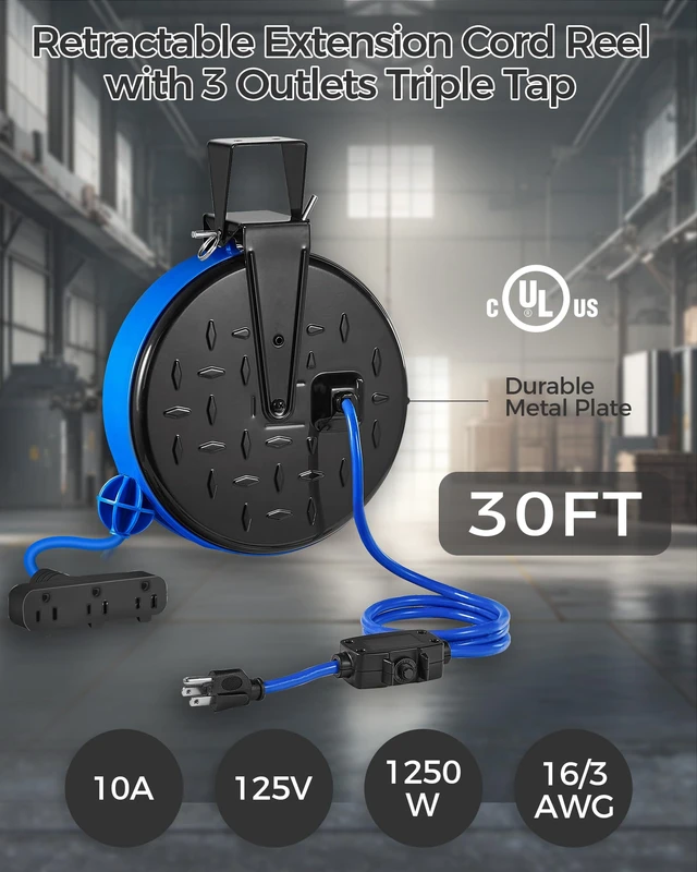 Alt view image 5 of 7 - 30 Ft Retractable Extension Cord Reel, 16/3 Gauge SJTW Power Cord with 3 Electrical Outlets Pigtail for Garage and Shop, 10 Amp Circuit Breaker, Metal Plate, UL Listed, Blue U30CR06