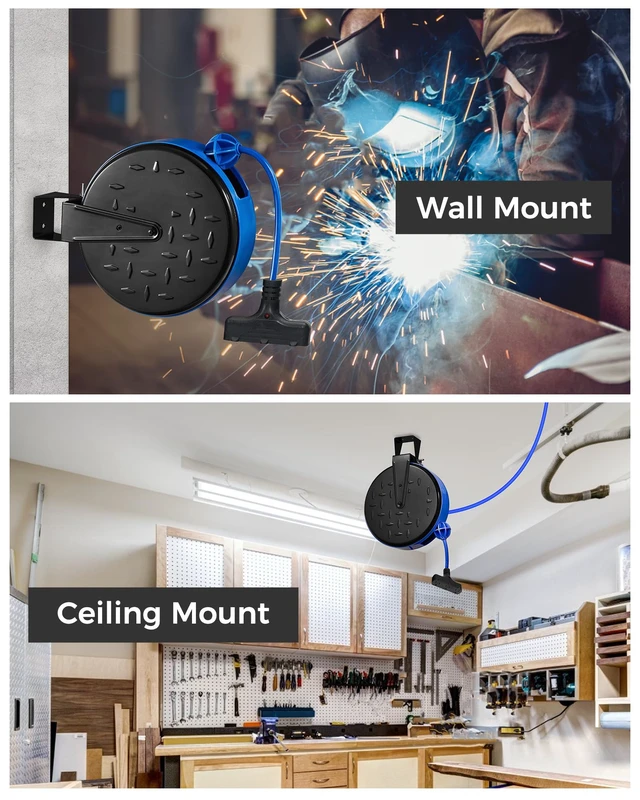 Alt view image 4 of 7 - 30 Ft Retractable Extension Cord Reel, 16/3 Gauge SJTW Power Cord with 3 Electrical Outlets Pigtail for Garage and Shop, 10 Amp Circuit Breaker, Metal Plate, UL Listed, Blue U30CR06