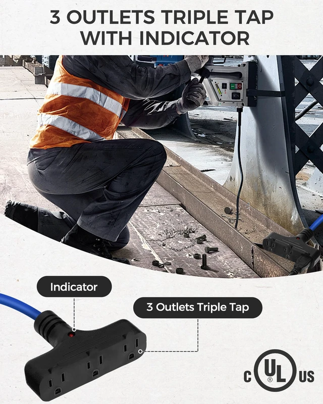 Alt view image 6 of 7 - 30 Ft Retractable Extension Cord Reel, 16/3 Gauge SJTW Power Cord with 3 Electrical Outlets Pigtail for Garage and Shop, 10 Amp Circuit Breaker, Metal Plate, UL Listed, Blue U30CR06
