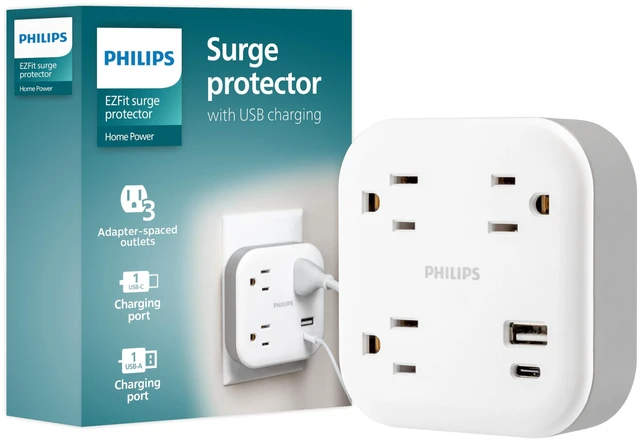 Main image of Surge Protector Outlet Extender + USB Ports, 3 Outlet Wide-Spaced 1 USB-C, 1 USB-A, 3 Prong, 980 Joules, Multi Plug Wall Splitter, Power Tap, Electrical Expander, Adapter, ETL Safety Listed