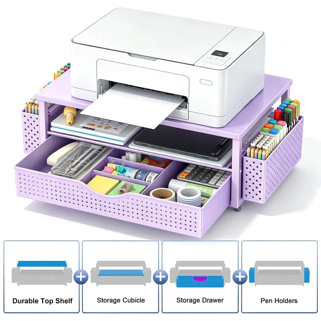 Alt view image 2 of 7 - Computer Monitor Stand with Drawer and 2 Pen Holders, Purple Double layer storage Computer Stand Monitor Riser Office Organization for Desk